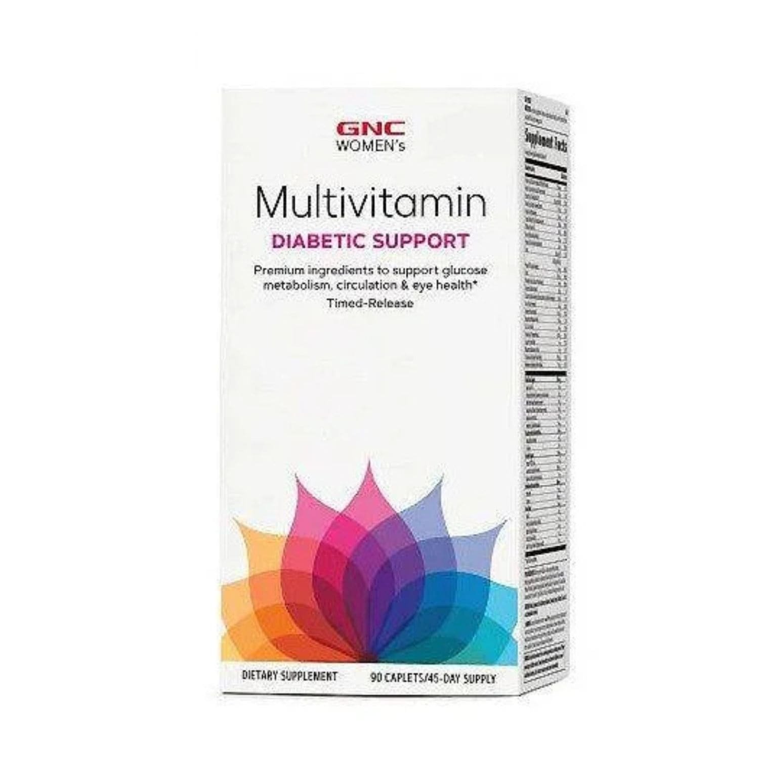 Front view of GNC Women's Multivitamin Diabetic Support bottle with 90 caplets,