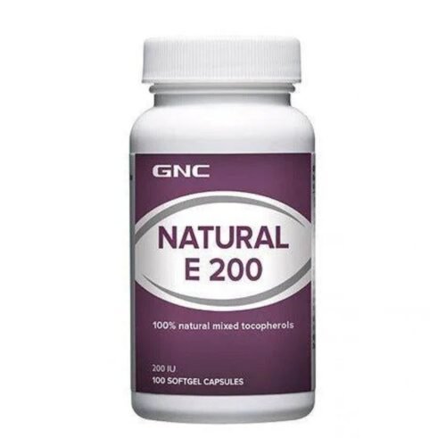 Front packaging view of GNC Natural Brand Vitamin E 200 IU bottle containing d-alpha tocopherol softgels