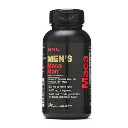 Front packaging view of GNC Men's Maca Man bottle containing 60 caplets for male vitality,