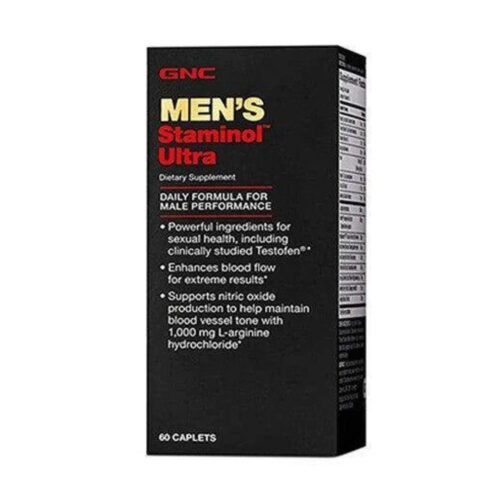 Front packaging view of GNC Men's Staminol Ultra bottle containing 60 caplets for advanced male performance,
