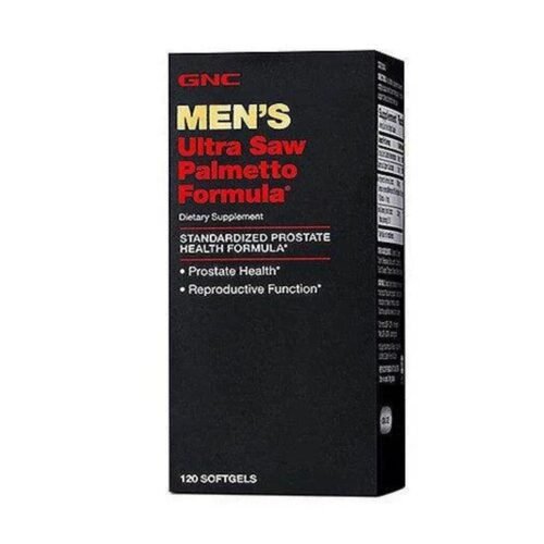 Front packaging view of GNC Men's Ultra Saw Palmetto Formula bottle containing 120 caplets for healthy
