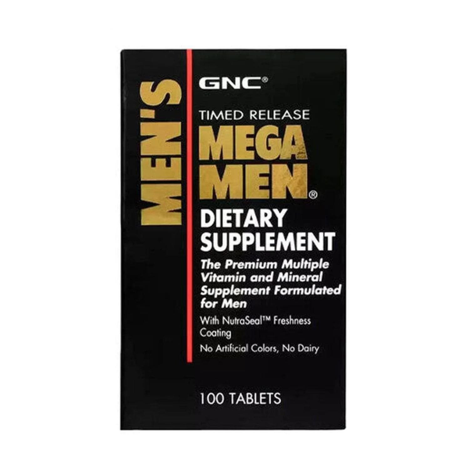 GNC Mega Men Multivitamin Time Release 100 tablets front bottle packaging showing