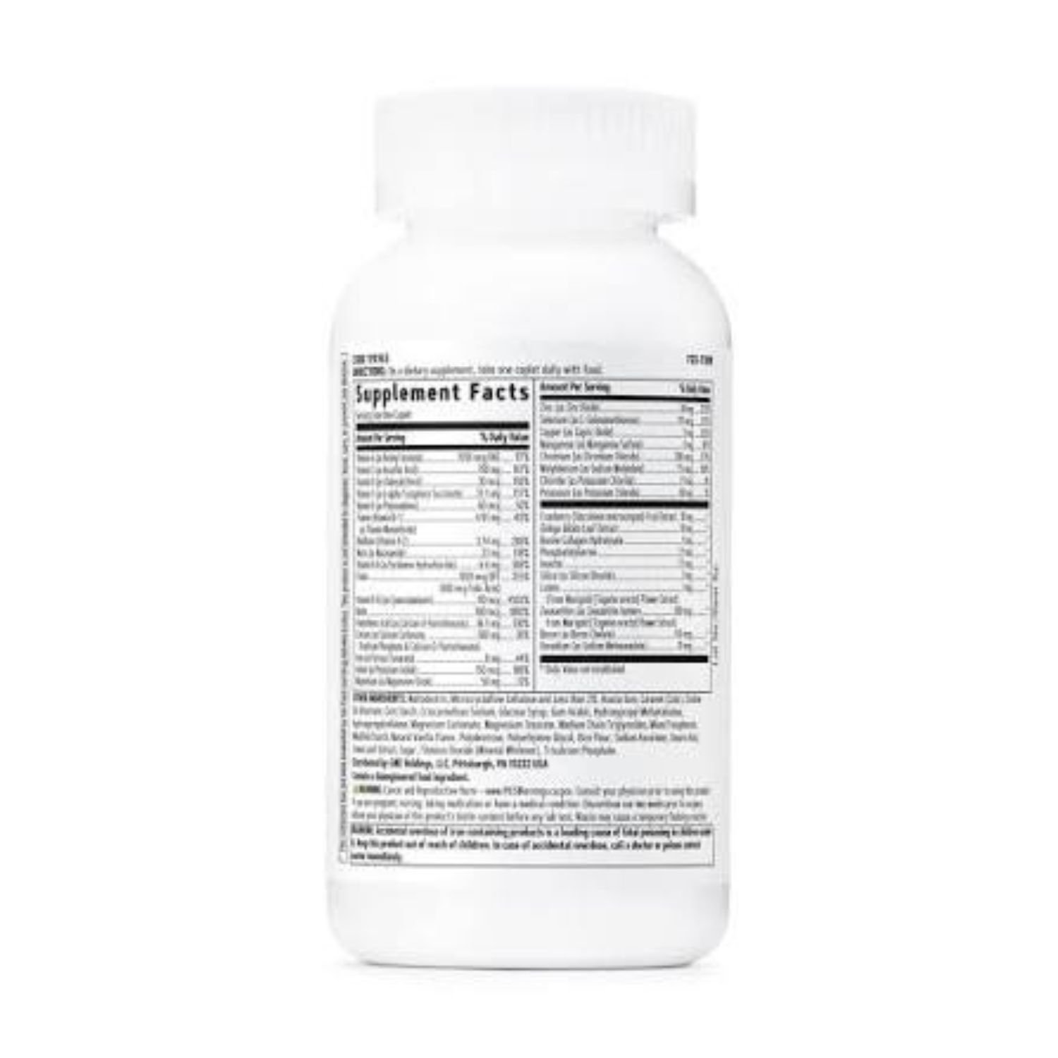 GNC Women's One Daily Multivitamin 50+ 60 caplets ingredients and supplement facts label.