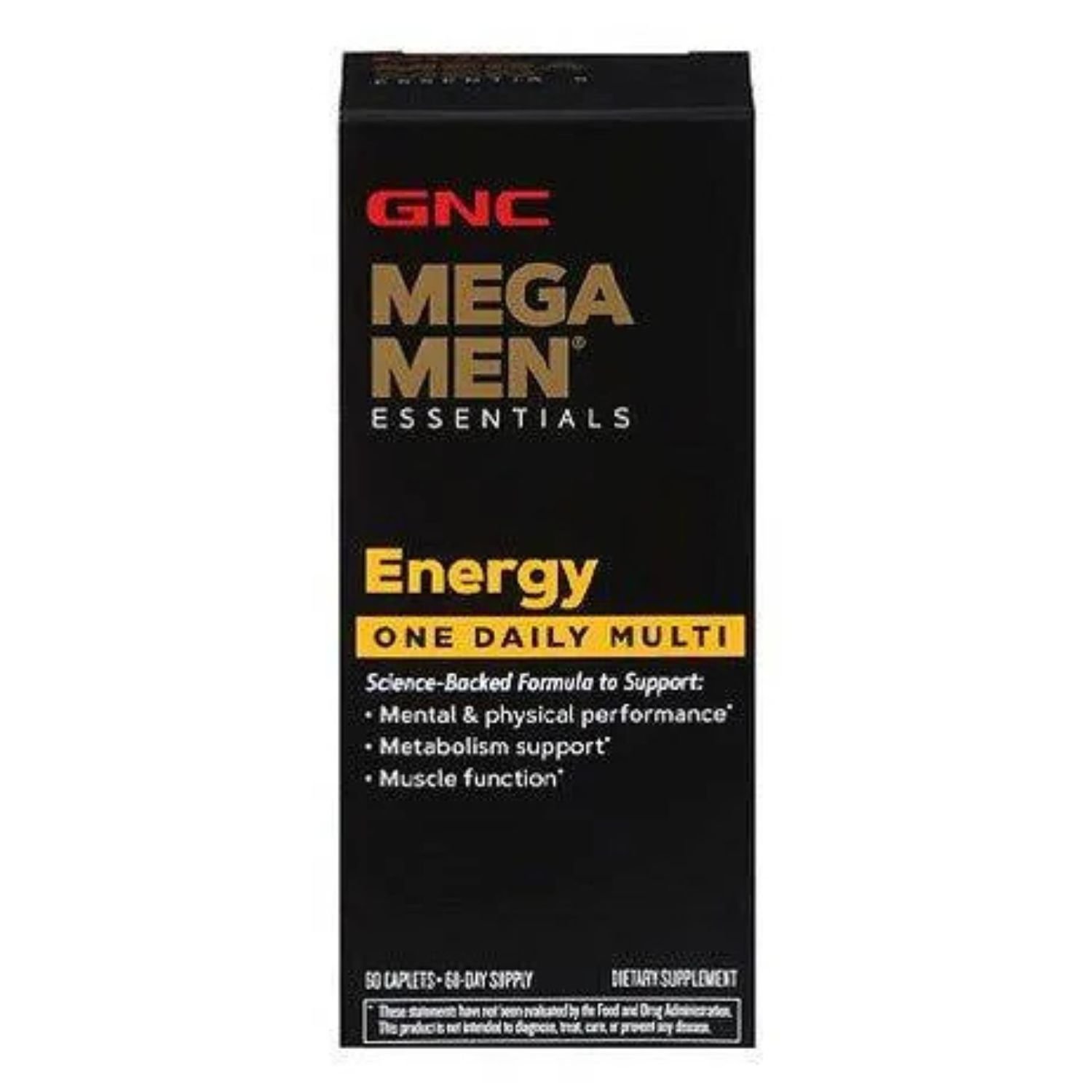 GNC Mega Men Essential Energy One Daily Multi, 60 Caplets bottle front view featuring a men's daily