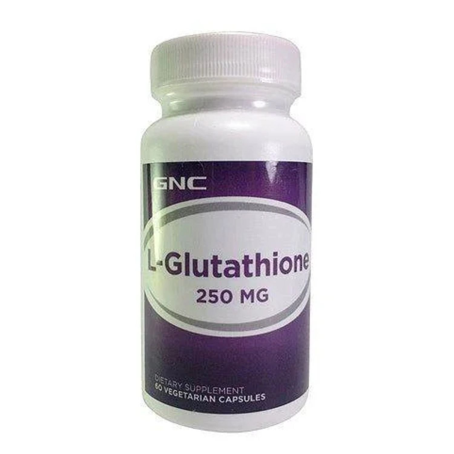 Front view of GNC L-Glutathione 250mg dietary supplement bottle containing 60 capsules,