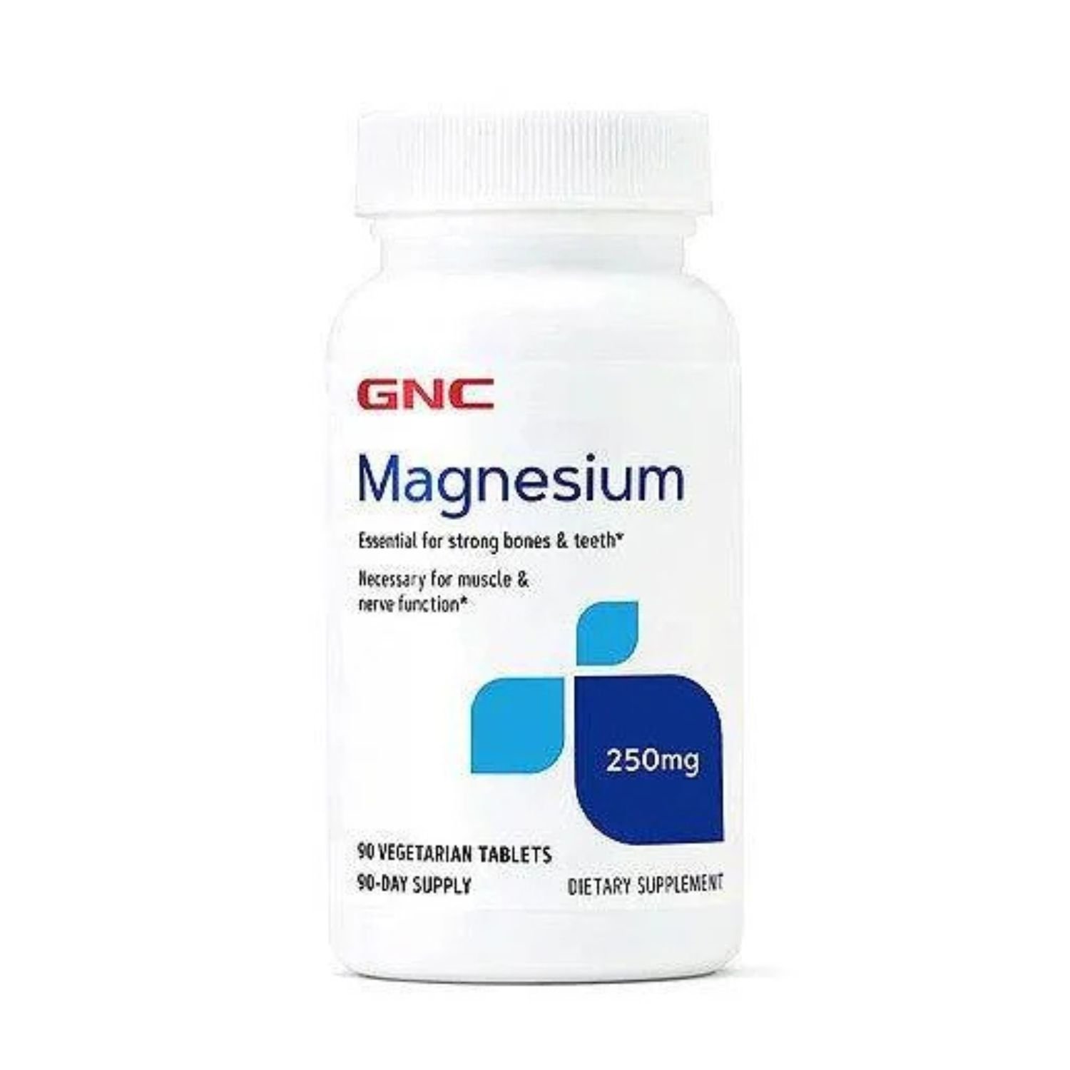 GNC Magnesium 250mg 90 tablets bottle front label,