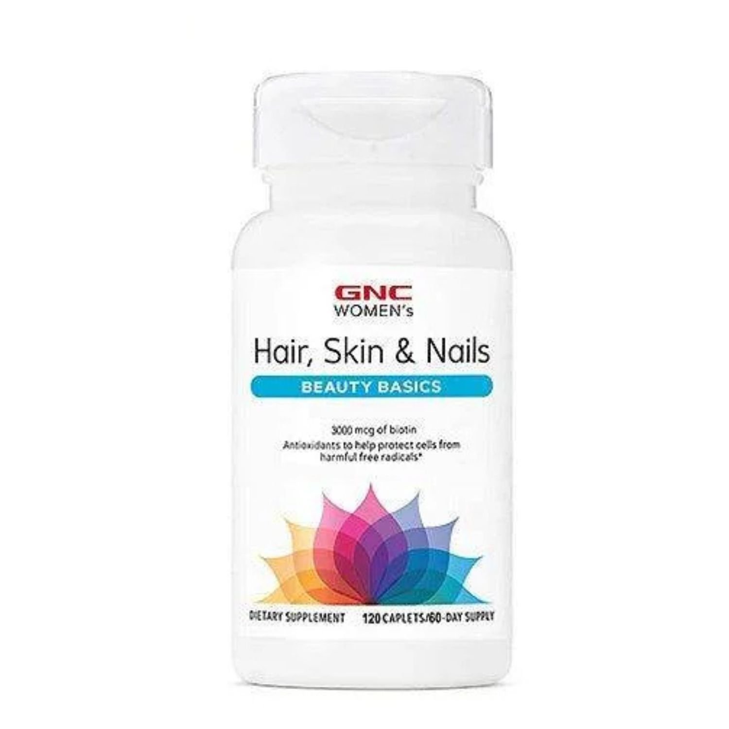 Front view of GNC Women’s Hair, Skin & Nails Beauty Basics dietary supplement bottle, 120 caplets.