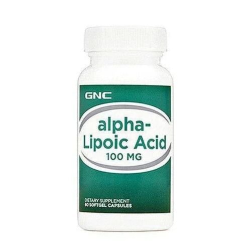 Front view packaging of GNC Alpha Lipoic Acid 100mg dietary supplement bottle featuring the 60 tablets.