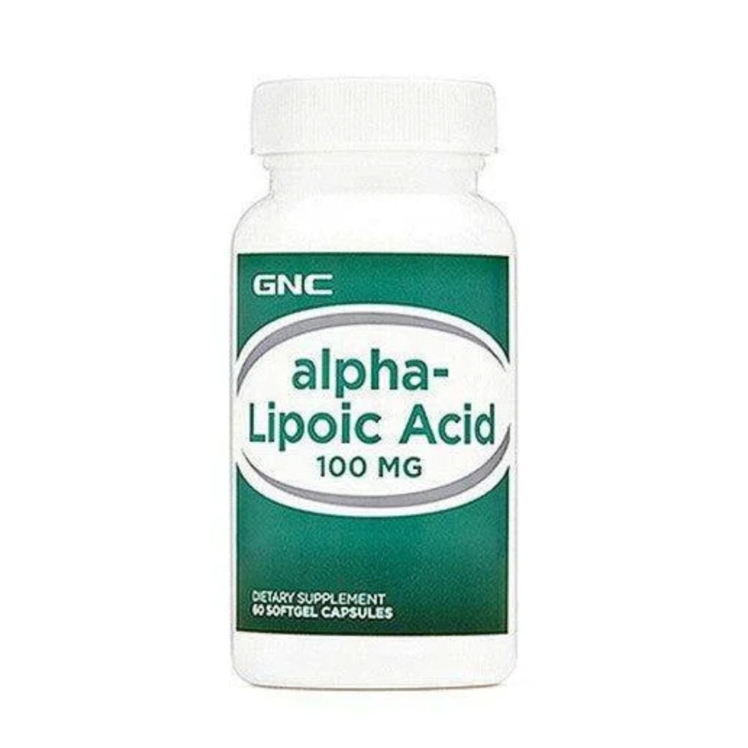 Front view packaging of GNC Alpha Lipoic Acid 100mg dietary supplement bottle featuring the 60 tablets.
