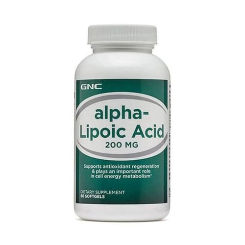 Front shot of GNC Alpha Lipoic Acid 200 mg premium dietary supplement bottle showing the original product label design.