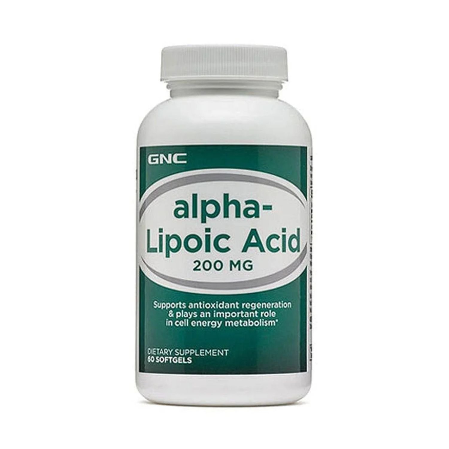 Front shot of GNC Alpha Lipoic Acid 200 mg premium dietary supplement bottle showing the original product label design.