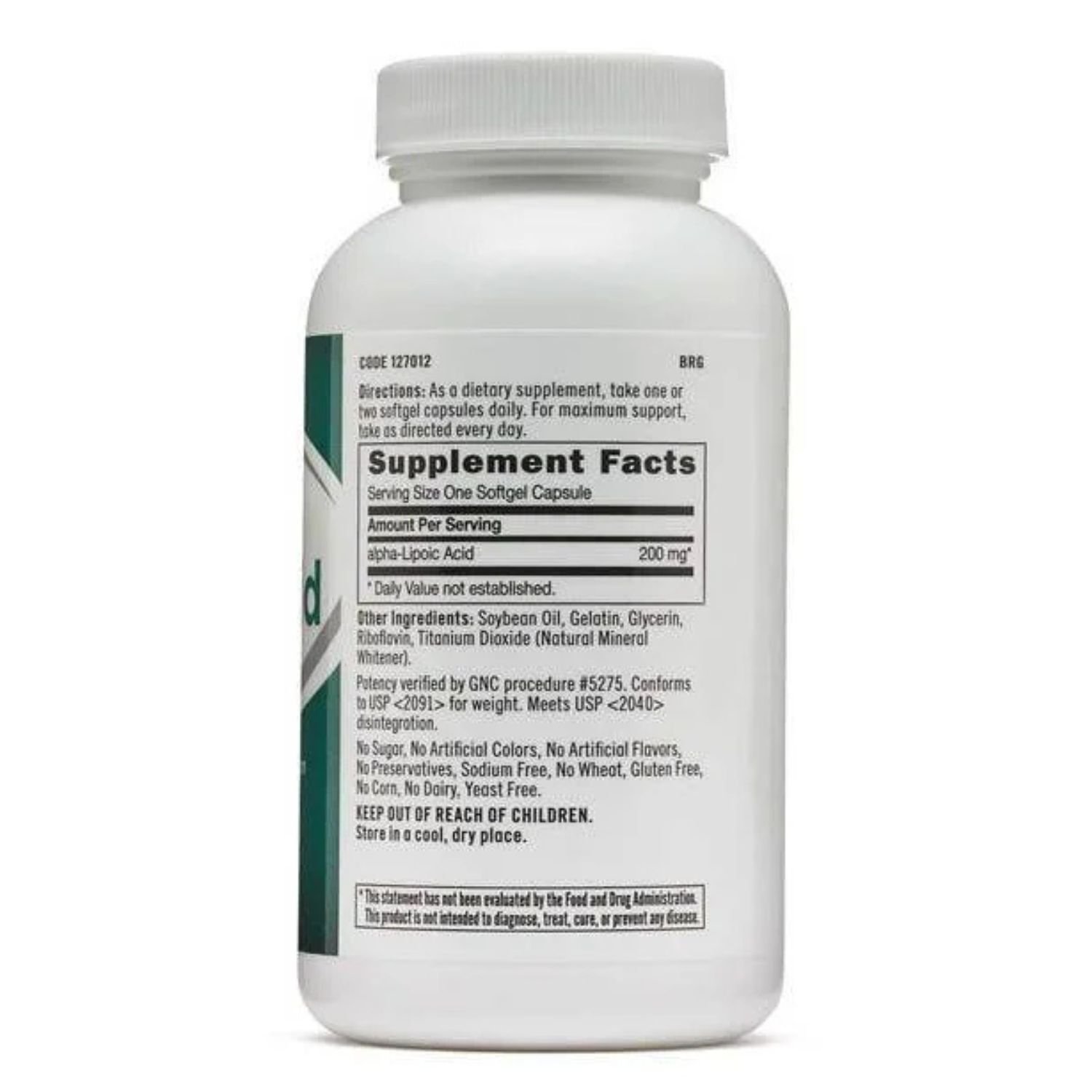 Close-up of the Supplement Facts nutritional panel on the back label of a GNC Alpha Lipoic Acid 200mg bottle.