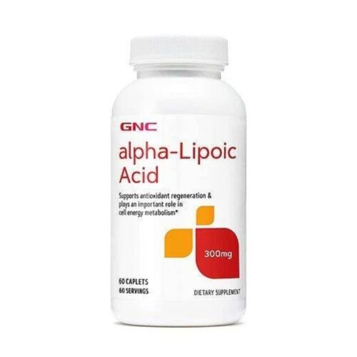 Front bottle packaging of GNC Alpha Lipoic Acid 300 mg containing 60 capsules, showing clear supplement label