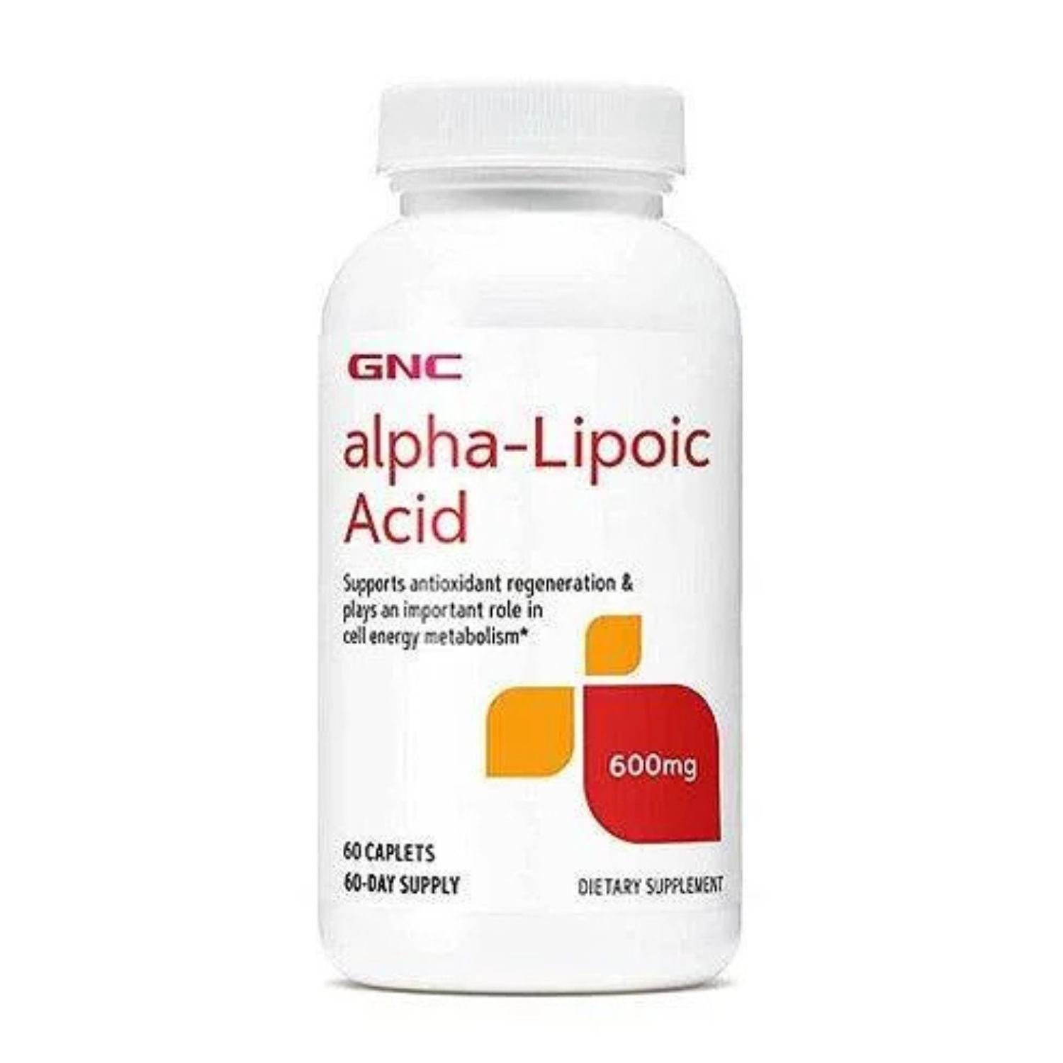 Front bottle view of GNC Alpha Lipoic Acid 600mg antioxidant supplement displaying the 60 premium caplets label packaging.