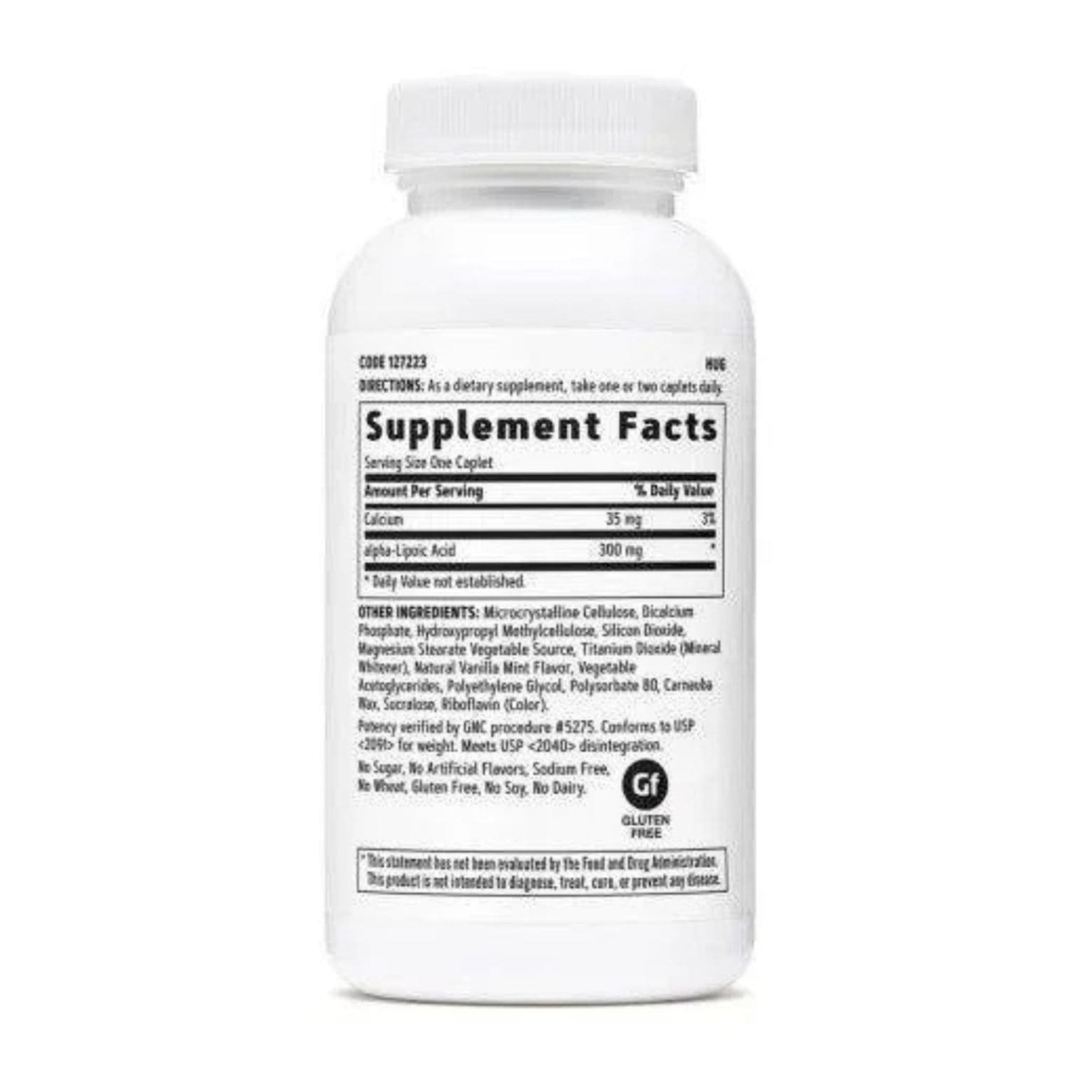 Detailed view of the Supplement Facts label and ingredient breakdown for GNC Alpha Lipoic Acid 600mg 60 tablets