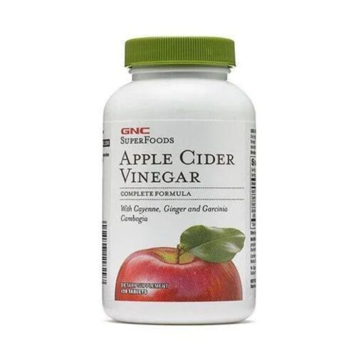 Front container view of GNC Apple Cider Vinegar 120 count tablets packaging highlighting