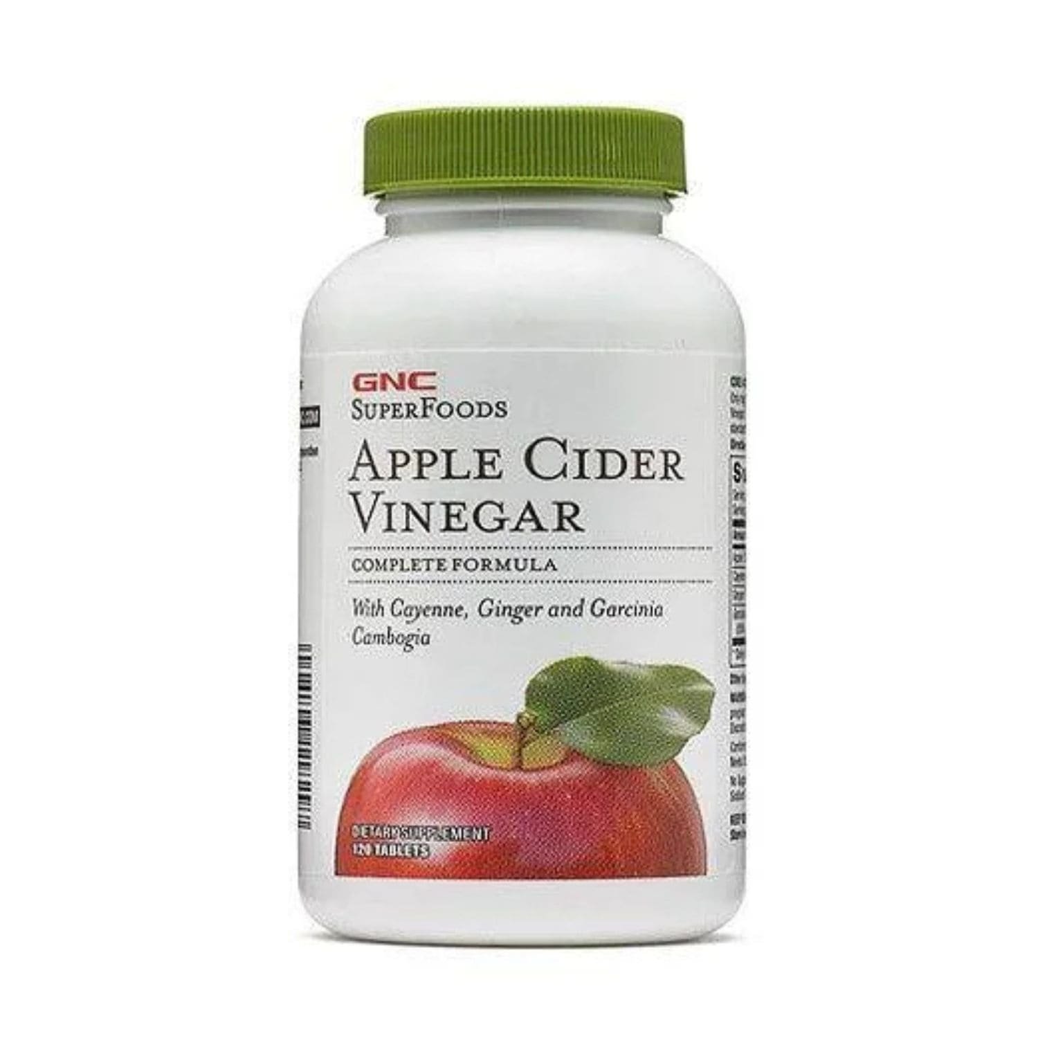 Front container view of GNC Apple Cider Vinegar 120 count tablets packaging highlighting
