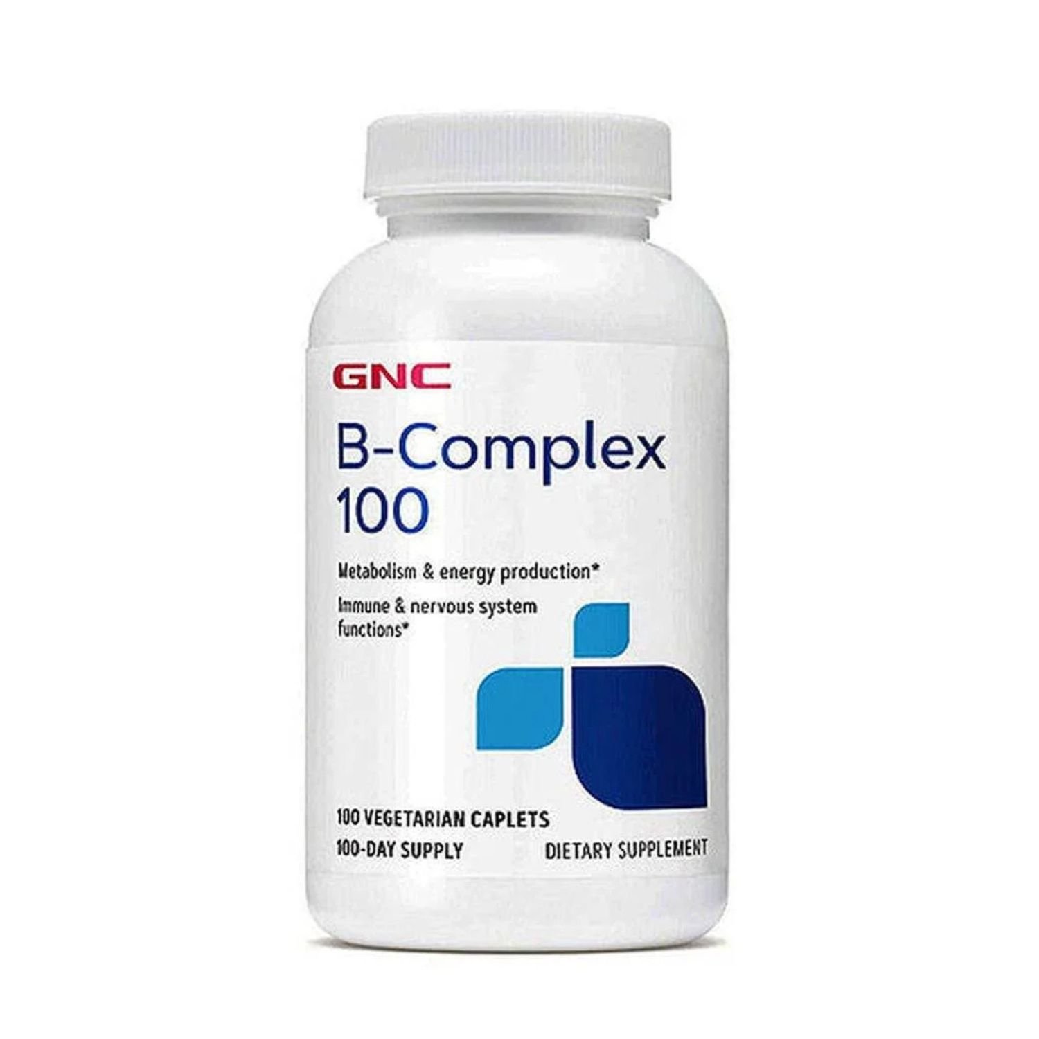 Front view of GNC B-Complex 100 dietary supplement bottle showing the main label and ingredients overview against a clean background