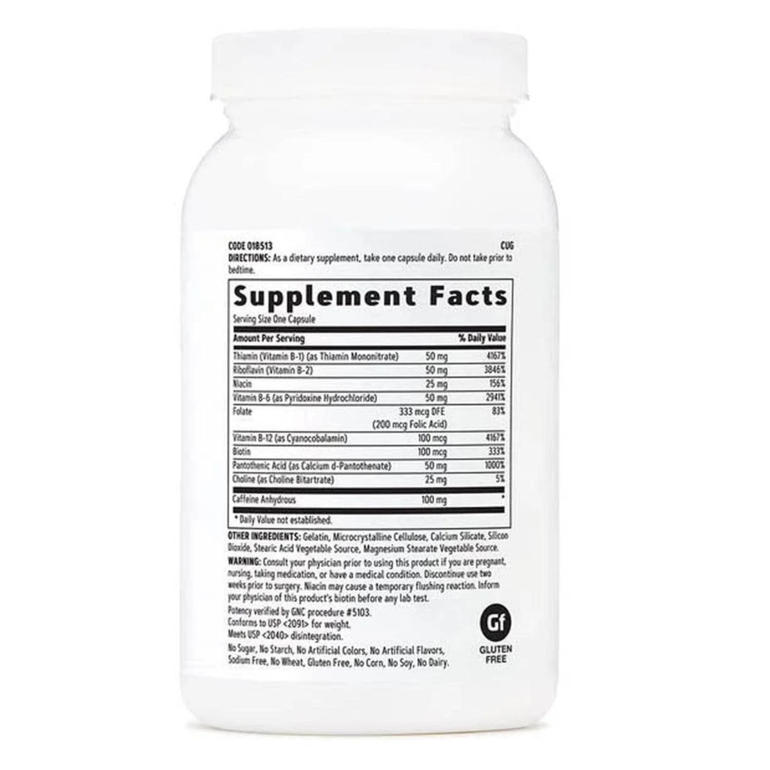 Close-up shot of the Supplement Facts label on GNC Vitamin B-Complex 100 bottle showing detailed nutritional values of essential B vitamins.