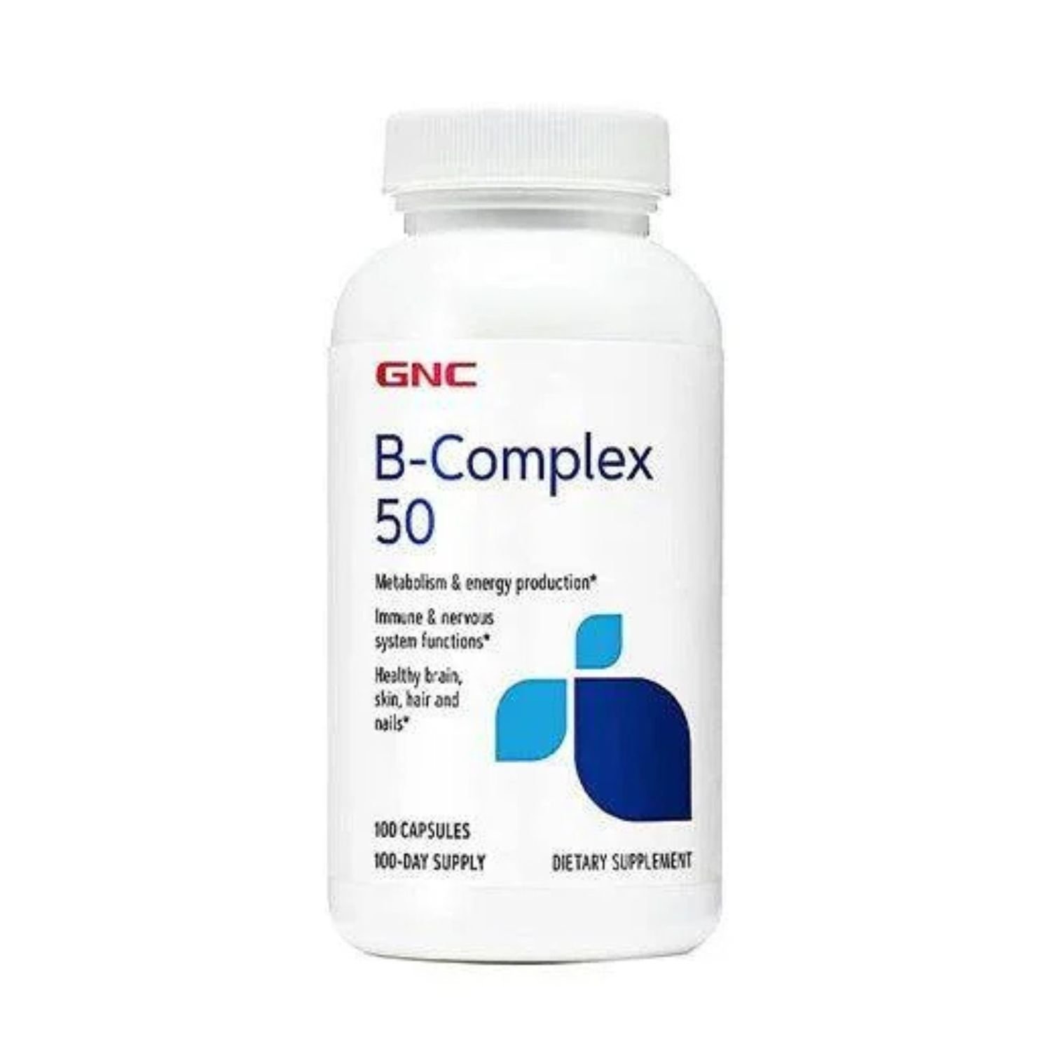 Front container label of GNC B-Complex 50mg dietary supplement with 100 caplets display on a solid white background.