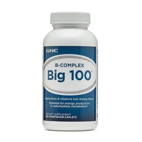 Front view of GNC Big 100 B-Complex dietary supplement bottle showing the 100 tablets label packaging