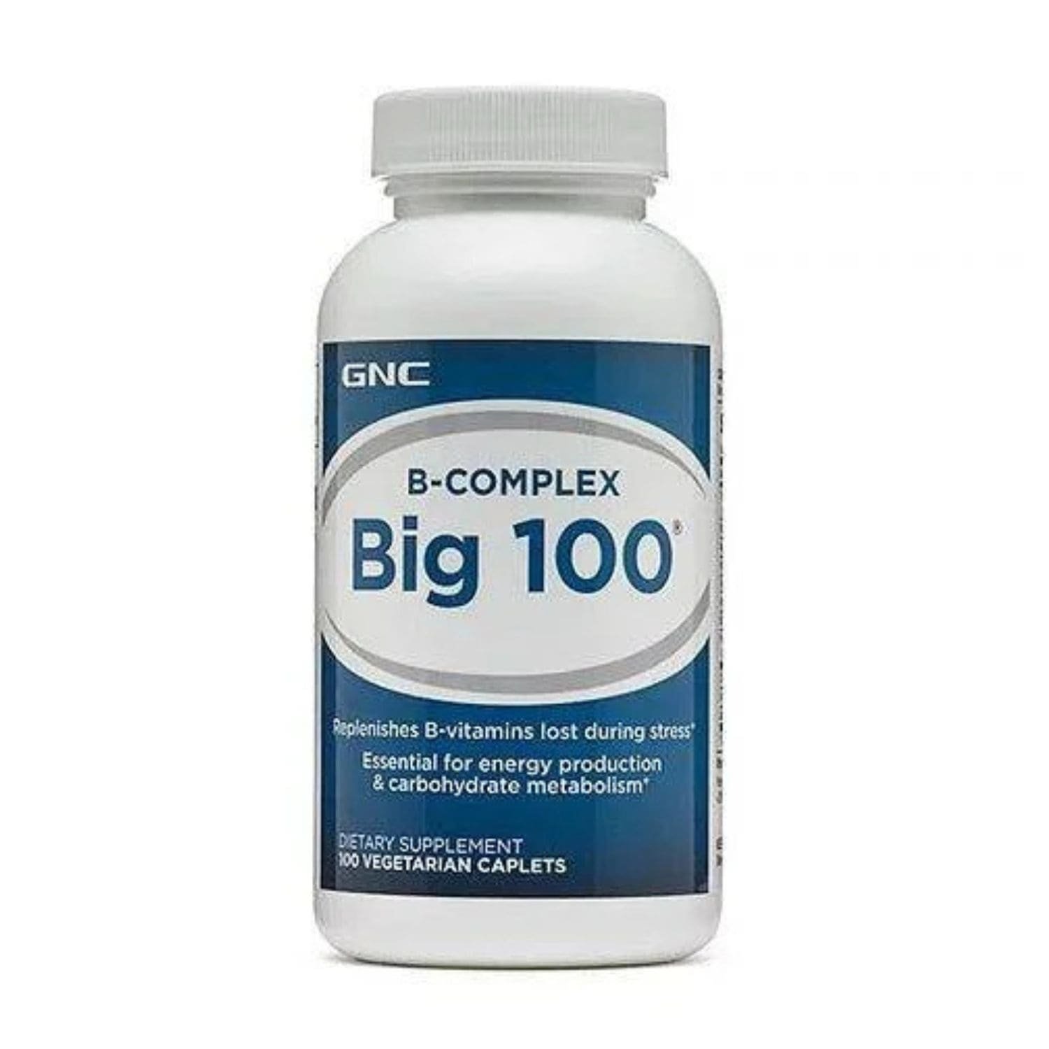 Front view of GNC Big 100 B-Complex dietary supplement bottle showing the 100 tablets label packaging