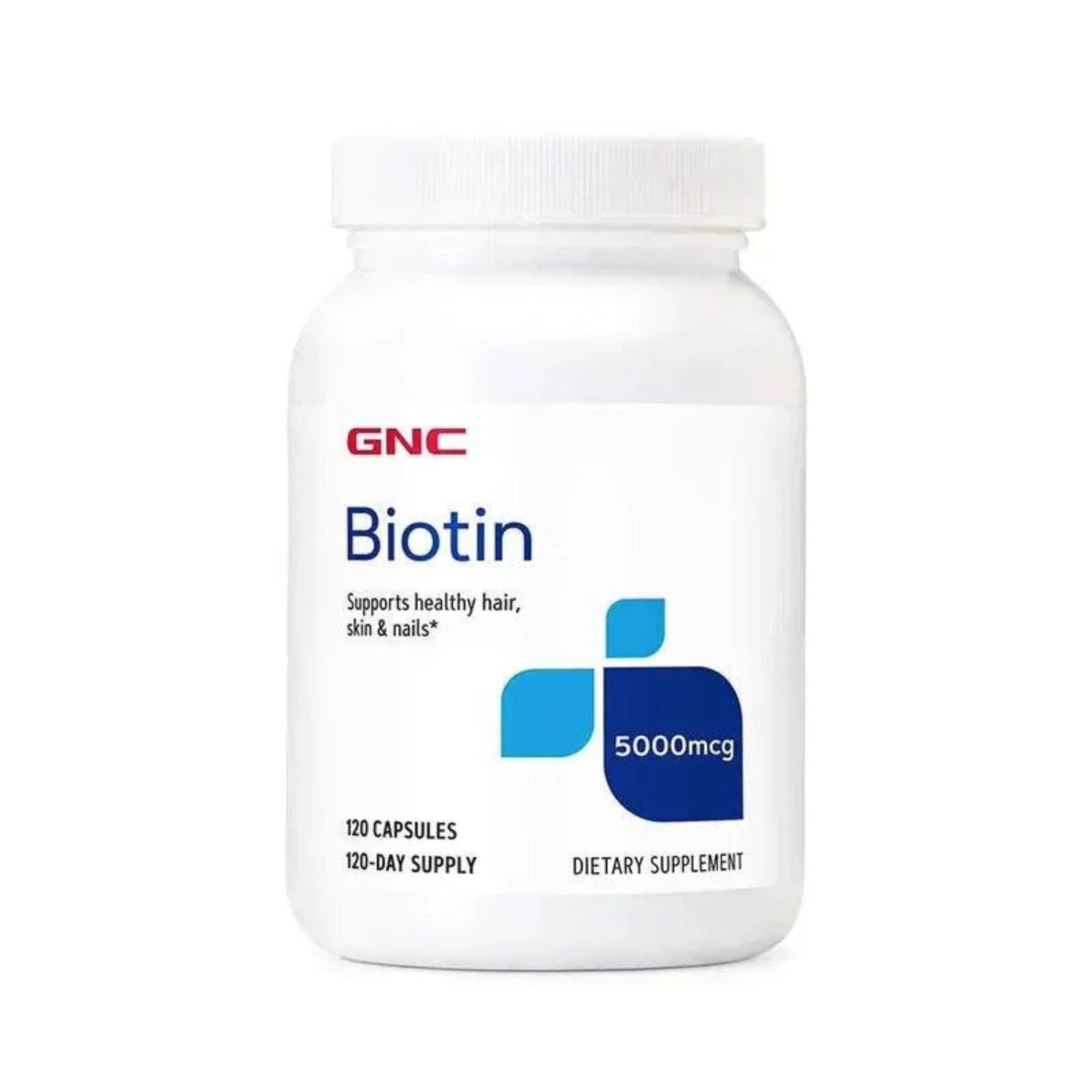 Front view of GNC Biotin 5000 mcg dietary supplement bottle containing 120 capsules for hair, skin, and nail health support.