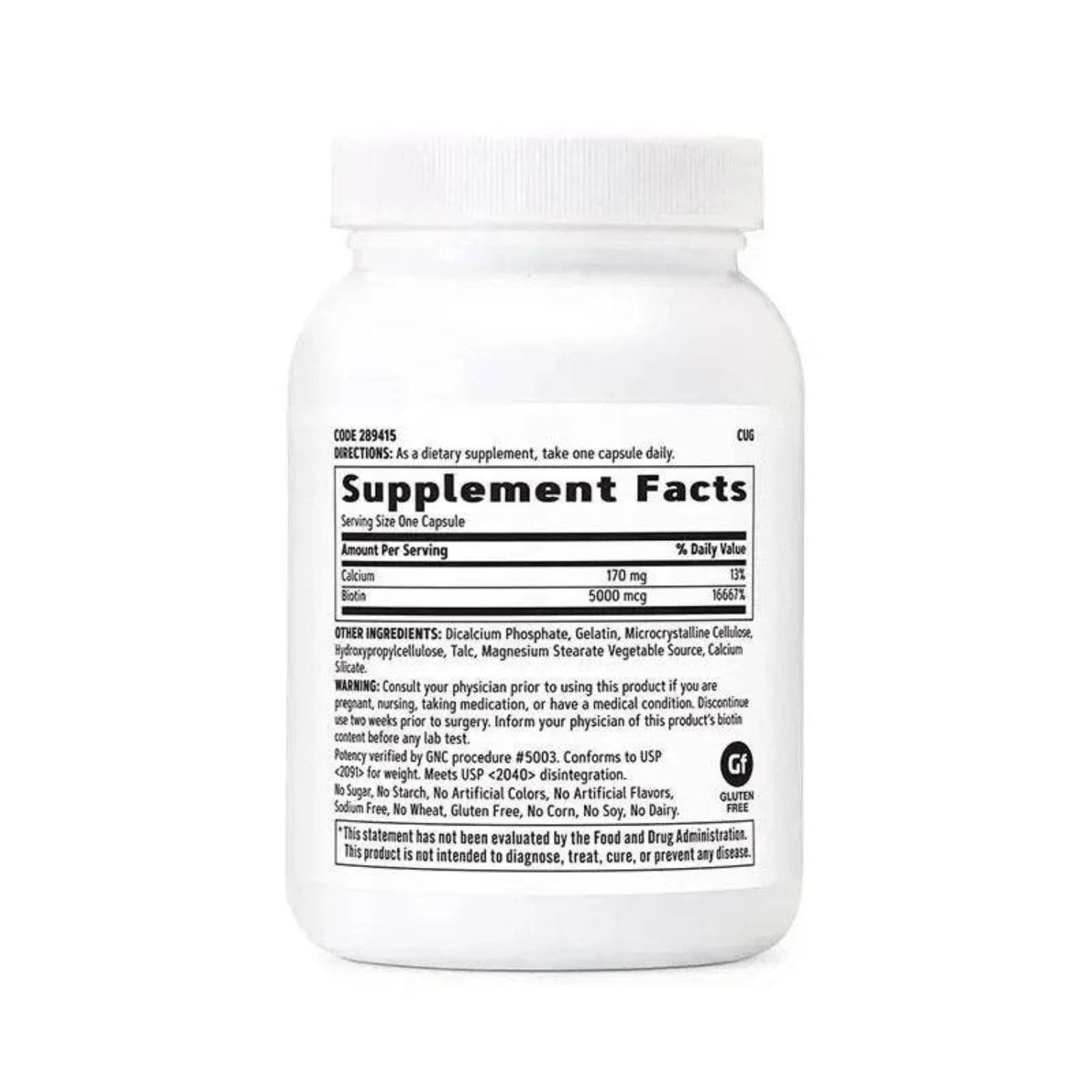 "Detailed ingredients list and supplement facts label on the back of GNC Biotin 5000 mcg 120 capsules bottle showing daily value percentages."