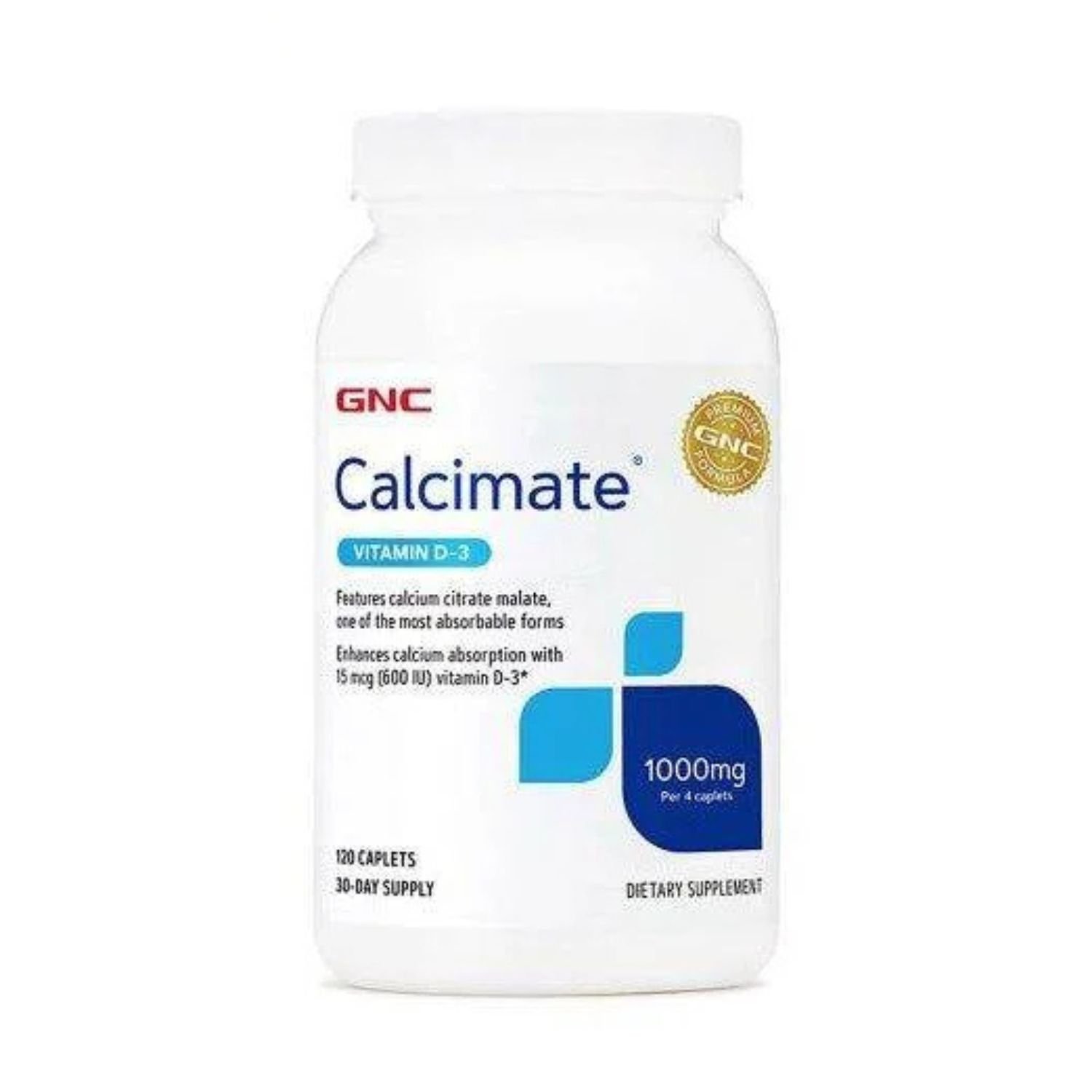 Front view of GNC Calcimate 1000 mg with Vitamin D-3 dietary supplement bottle containing 120 caplets,