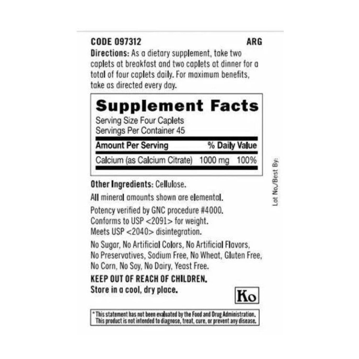 Supplement Facts label of GNC Calcium Citrate 1000mg 180 tablets showing nutritional values, serving size,