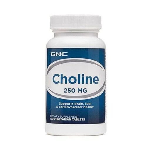 Front view of GNC Choline 250mg dietary supplement bottle containing 100 tablets for brain and nervous system support.