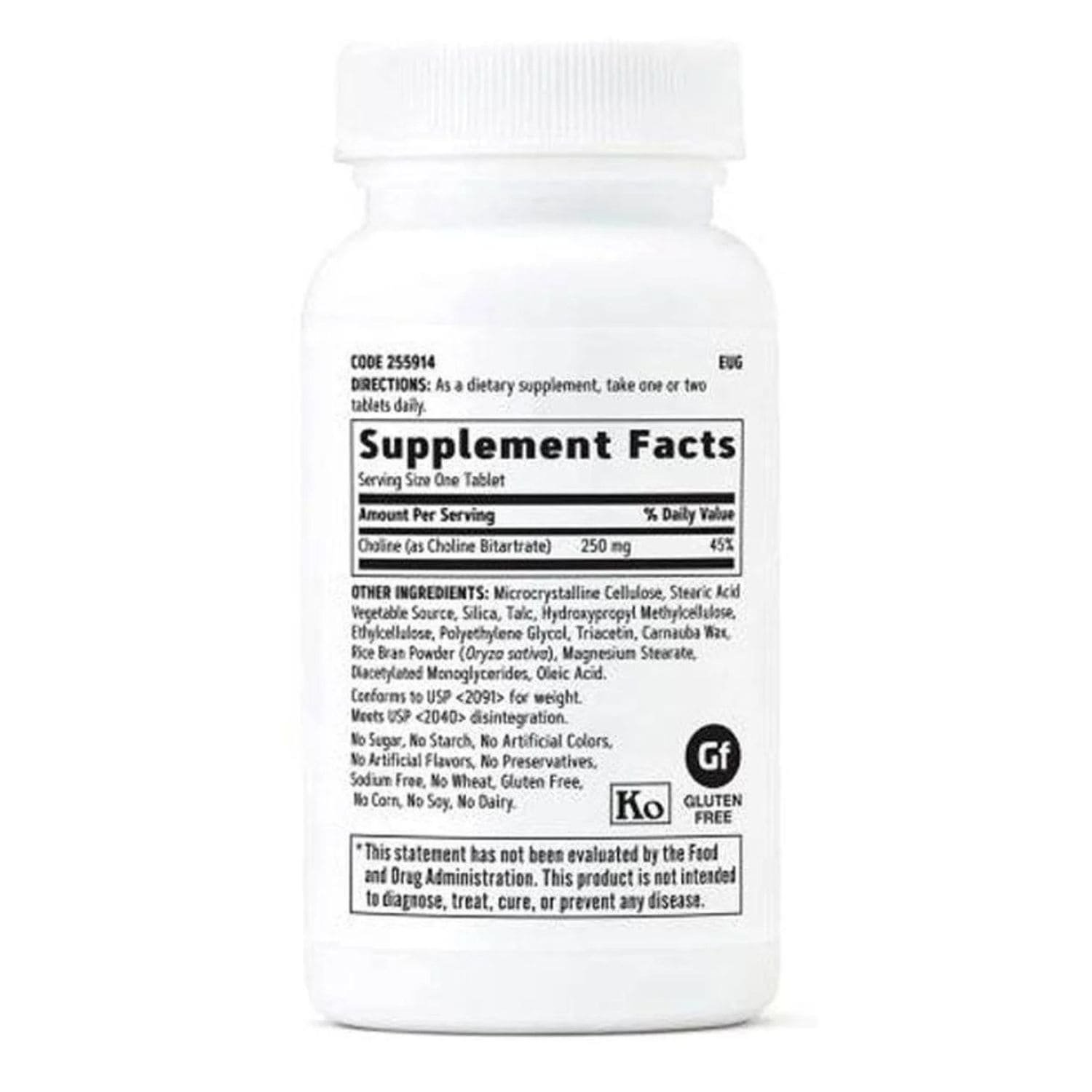 Ingredients label and supplement facts of GNC Choline 250mg tablets showing dietary fiber and choline bitartrate serving size details.