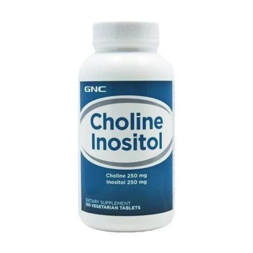 Front view of GNC Choline Inositol 250mg dietary supplement bottle containing 100 tablets for nervous system support.