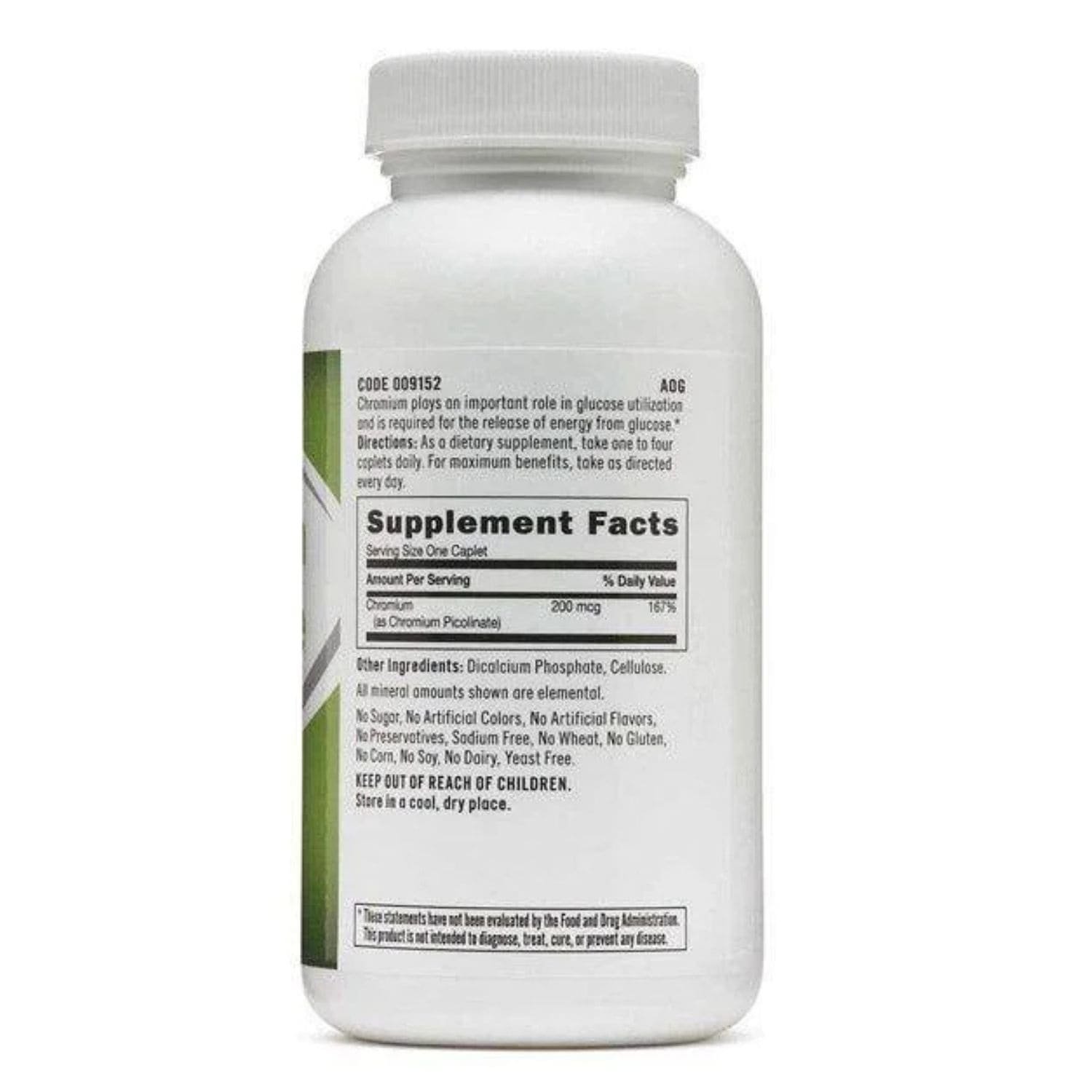 Close up view of the supplement facts panel and ingredients list on the back of a GNC Chromium Picolinate 200 mcg bottle.