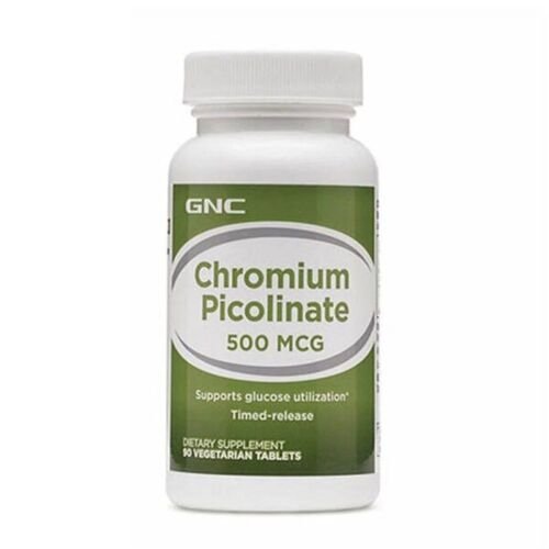 Front view of GNC Chromium Picolinate 500mcg supplement bottle with 90 tablets for healthy carbohydrate metabolism support.