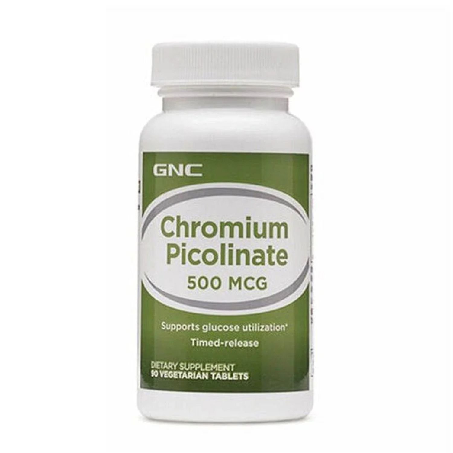 Front view of GNC Chromium Picolinate 500mcg supplement bottle with 90 tablets for healthy carbohydrate metabolism support.