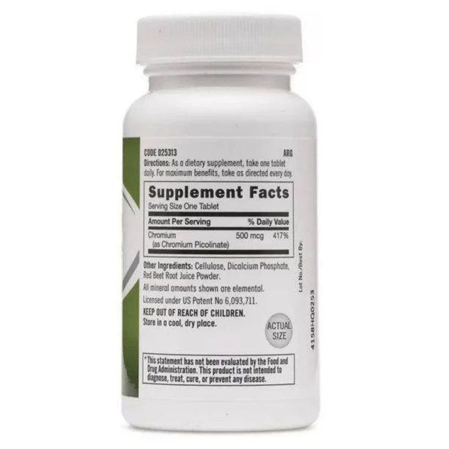 Close-up view of GNC Chromium Picolinate 500mcg 90 tablets ingredients label and supplement facts panel.