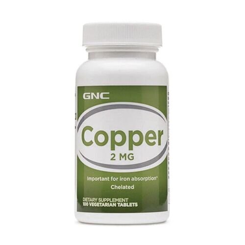 Front label of GNC Copper 2mg dietary supplement bottle showing 100 tablets essential trace mineral for cellular health support.