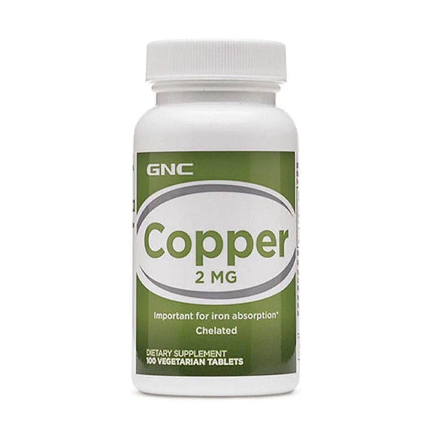 Front label of GNC Copper 2mg dietary supplement bottle showing 100 tablets essential trace mineral for cellular health support.