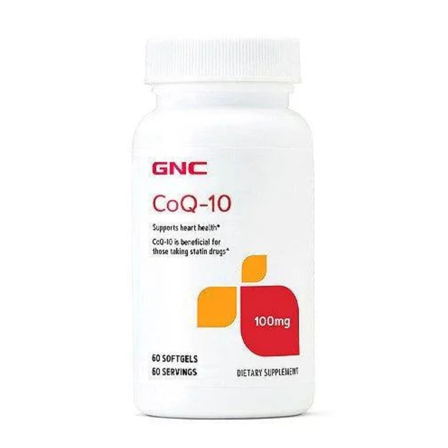 Front view of GNC CoQ-10 100mg dietary supplement bottle containing 60 softgels
