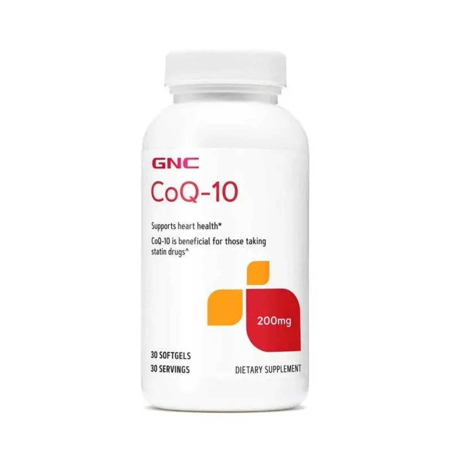 Front packaging of GNC CoQ-10 200 mg high potency formula showing 30 softgels bottle for cardiovascular wellness.