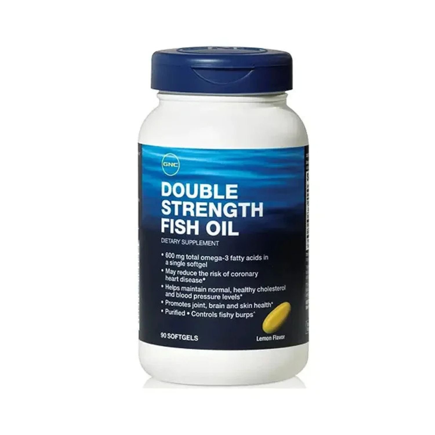 Front view of GNC Double Strength Fish Oil bottle containing 180 softgels rich in Omega-3 fatty acids for joint