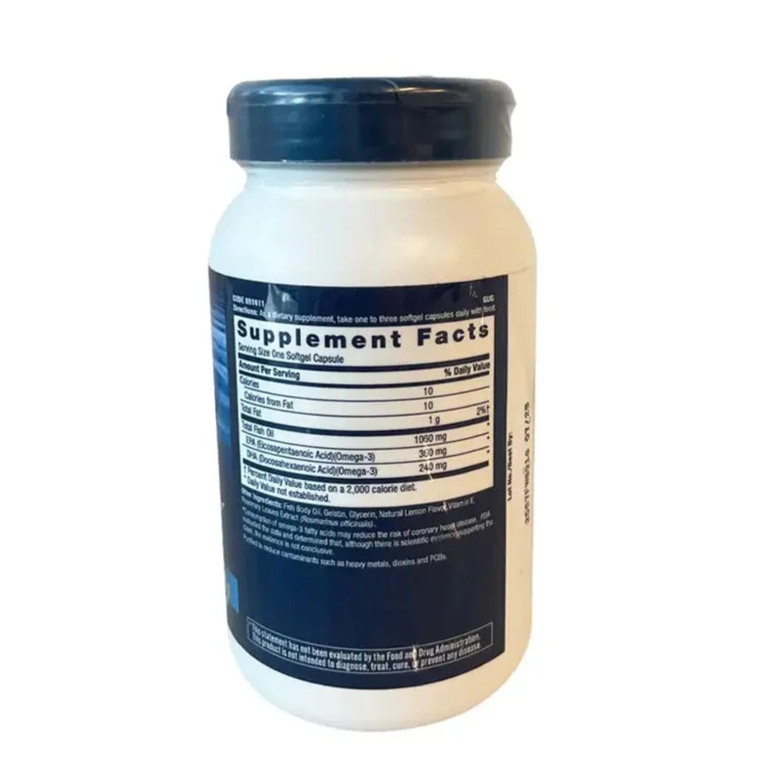 Close up view of GNC Double Strength Fish Oil 180 softgels back label showing ingredients,