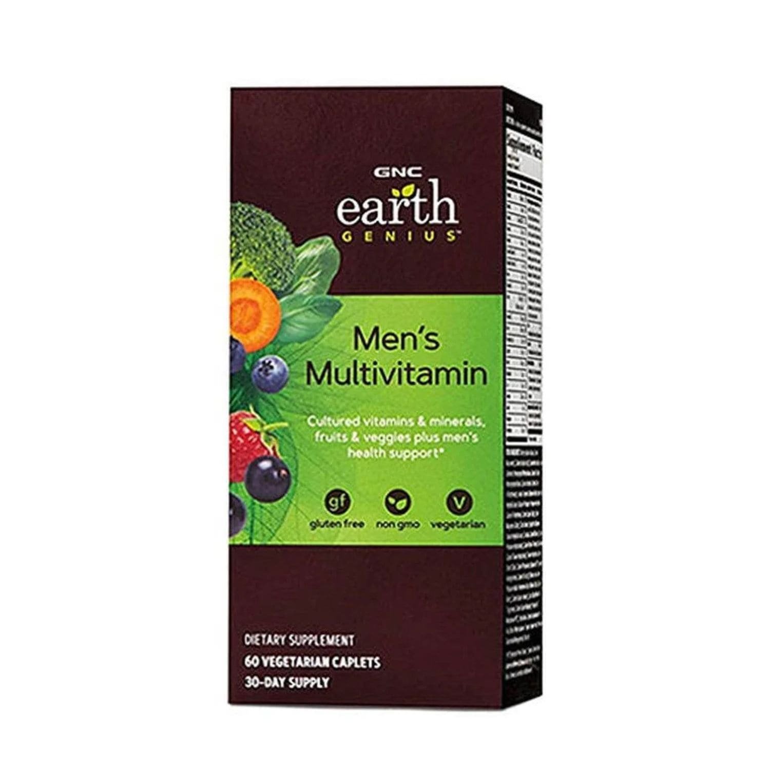 Front view of GNC Earth Genius Men's Multivitamin bottle, showing the 60 caplets label and organic, plant-based dietary supplement packaging.