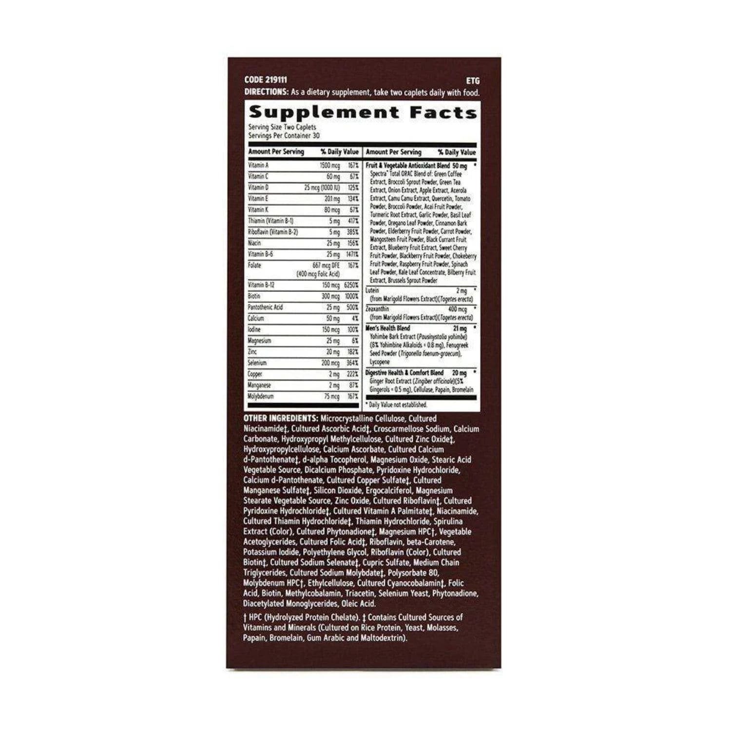 Ingredients list and supplement facts label for GNC Earth Genius Mens Multivitamin 60 caplets