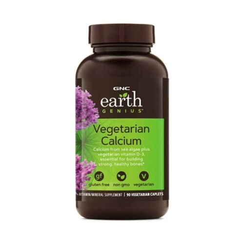 Front view of GNC Earth Genius Vegetarian Calcium 90 caplets bottle, showcasing the clean label