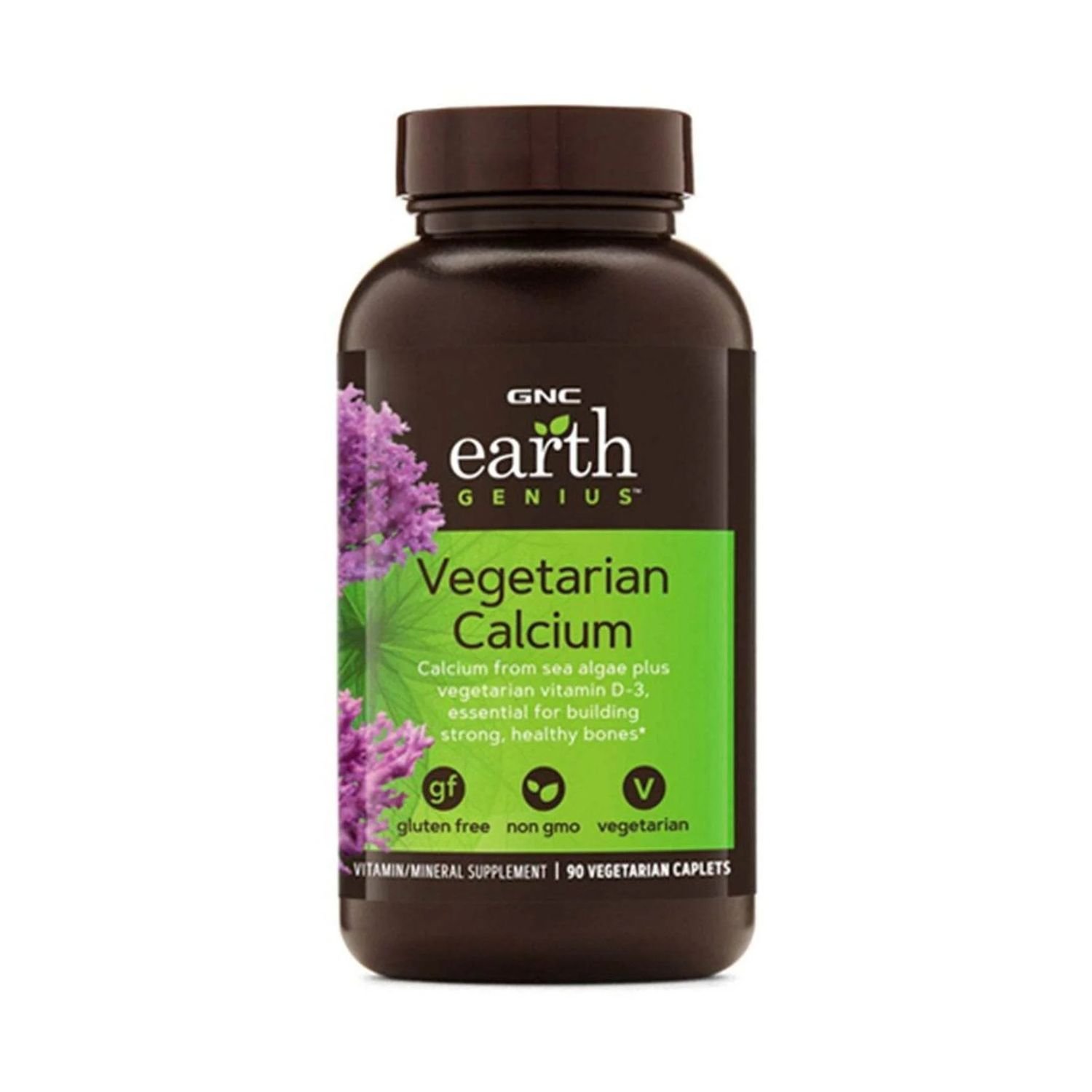 Front view of GNC Earth Genius Vegetarian Calcium 90 caplets bottle, showcasing the clean label