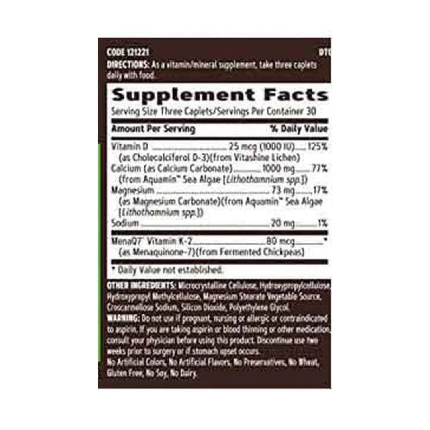 Supplement facts and full ingredients list label of GNC Earth Genius Vegetarian Calcium 90 caplets