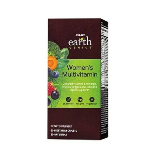 Front view of GNC Earth Genius Womens Multivitamin bottle containing 60 dietary caplets for daily female wellness.