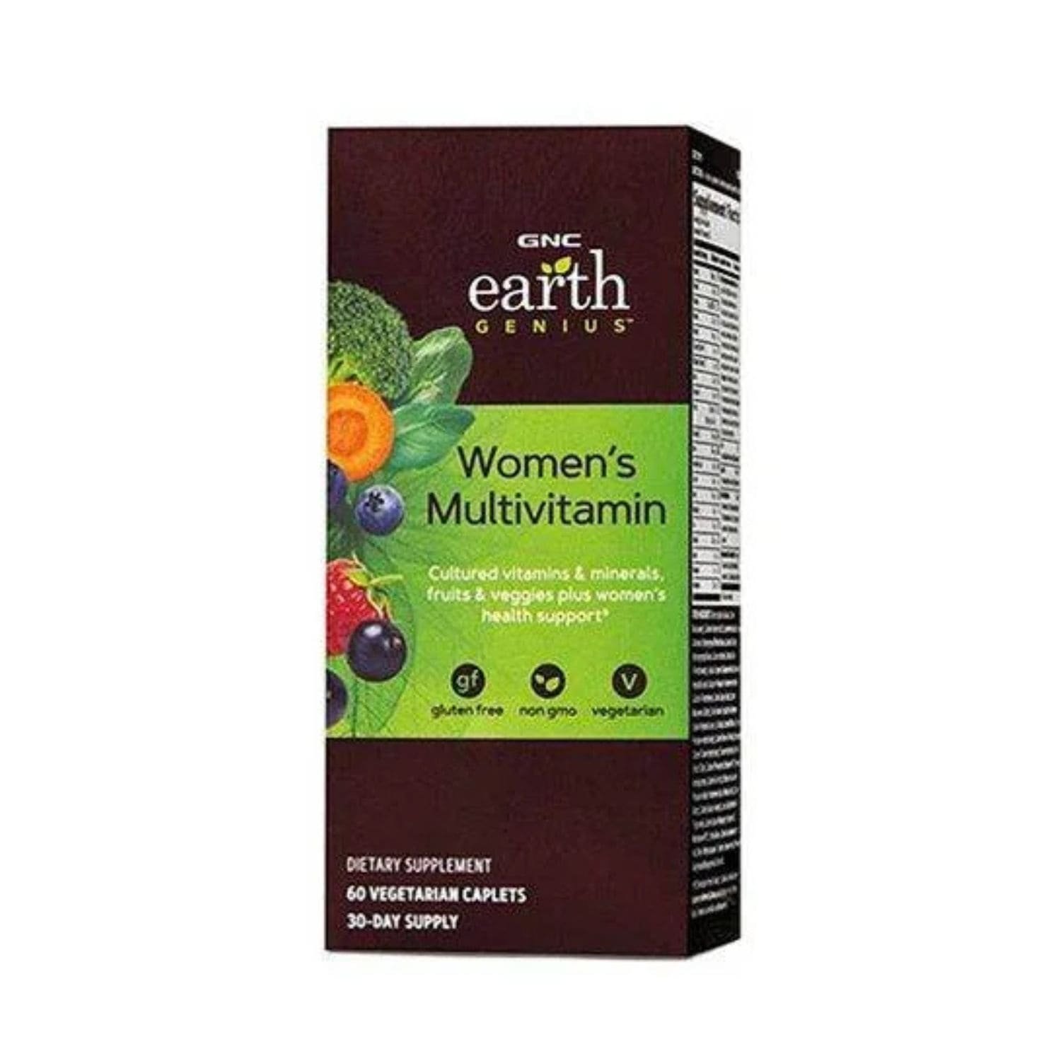 Front view of GNC Earth Genius Womens Multivitamin bottle containing 60 dietary caplets for daily female wellness.